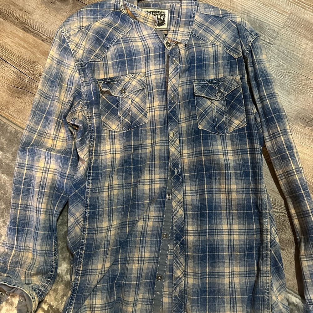 Buckle Blue and Tan Flannel Button Down Shirt